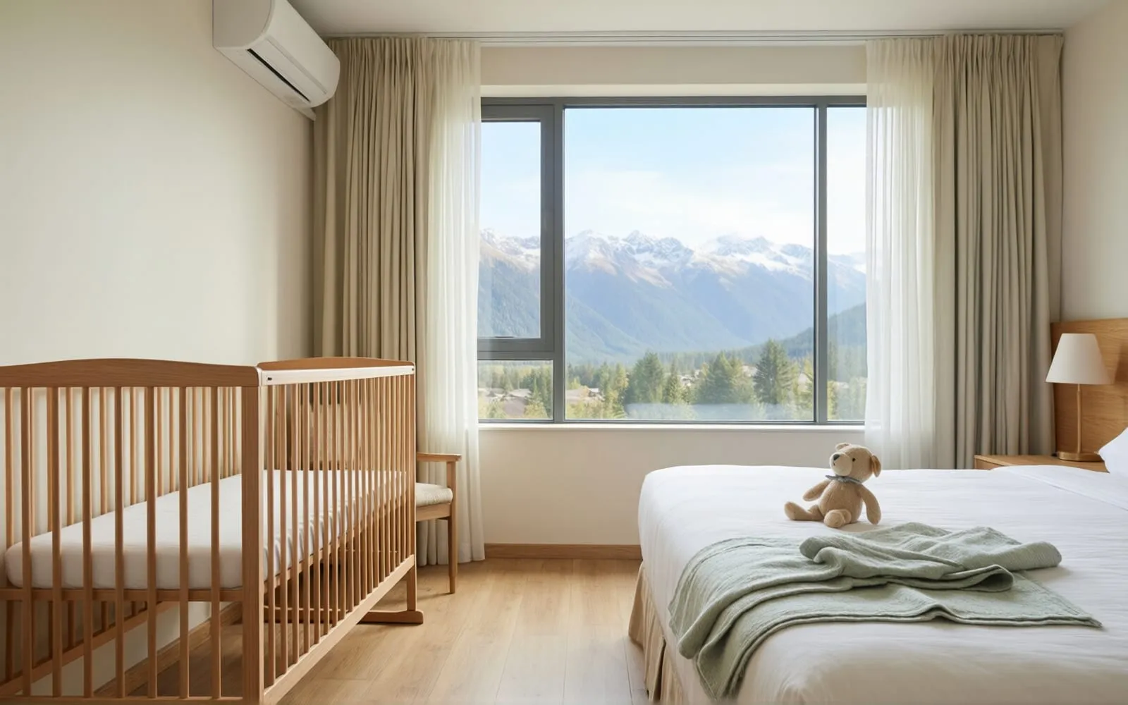 Helles Hotel-Familienzimmer mit Holz-Babybett am Fenster mit Bergblick, Kuscheltier auf dem Bett