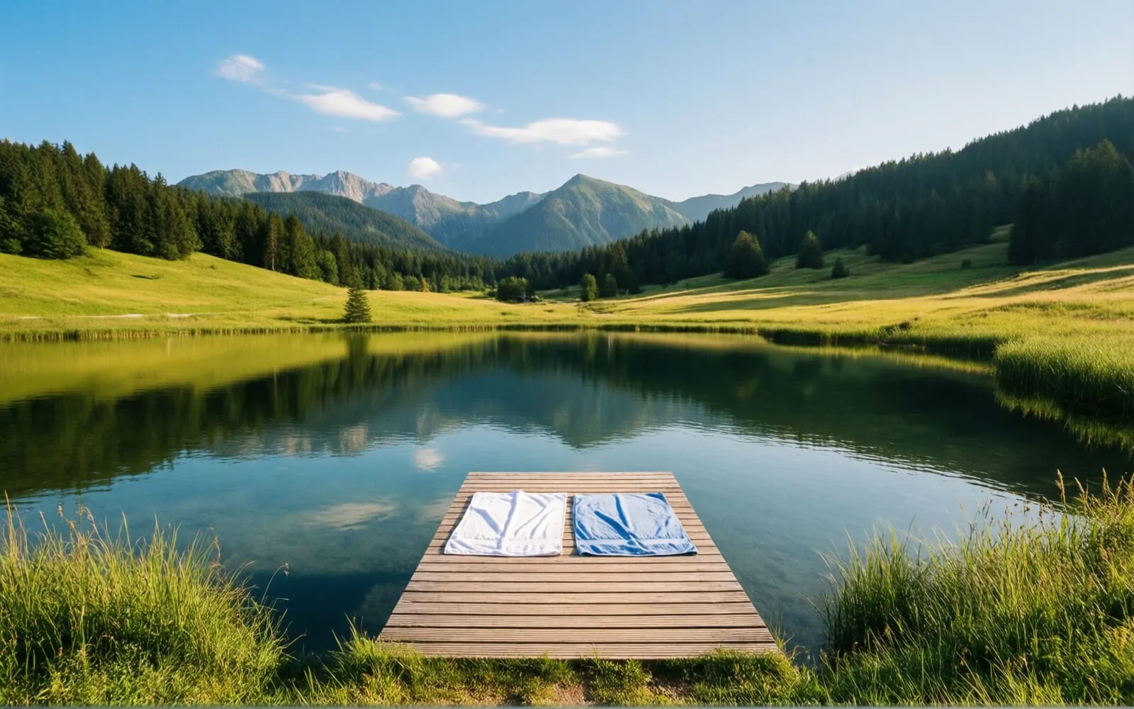 Ruhiger Bergsee mit Holzsteg und zwei Handtüchern, Wiesen und Wald, Berge im Hintergrund