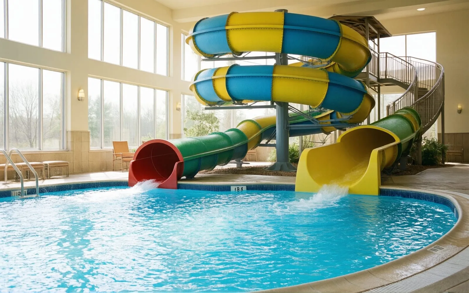 Bunte Röhrenrutsche in einem leeren Hallenbad mit großen Fenstern, Wasser spritzt ins Becken
